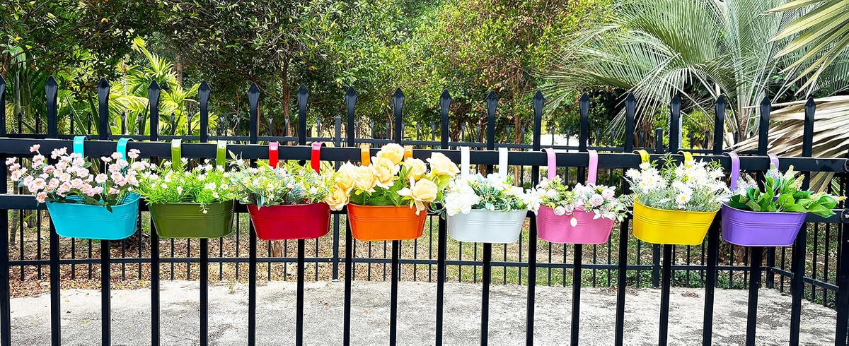 8 Pack 12" Colorful Metal Railing Planters with Hooks for Outdoor Fence