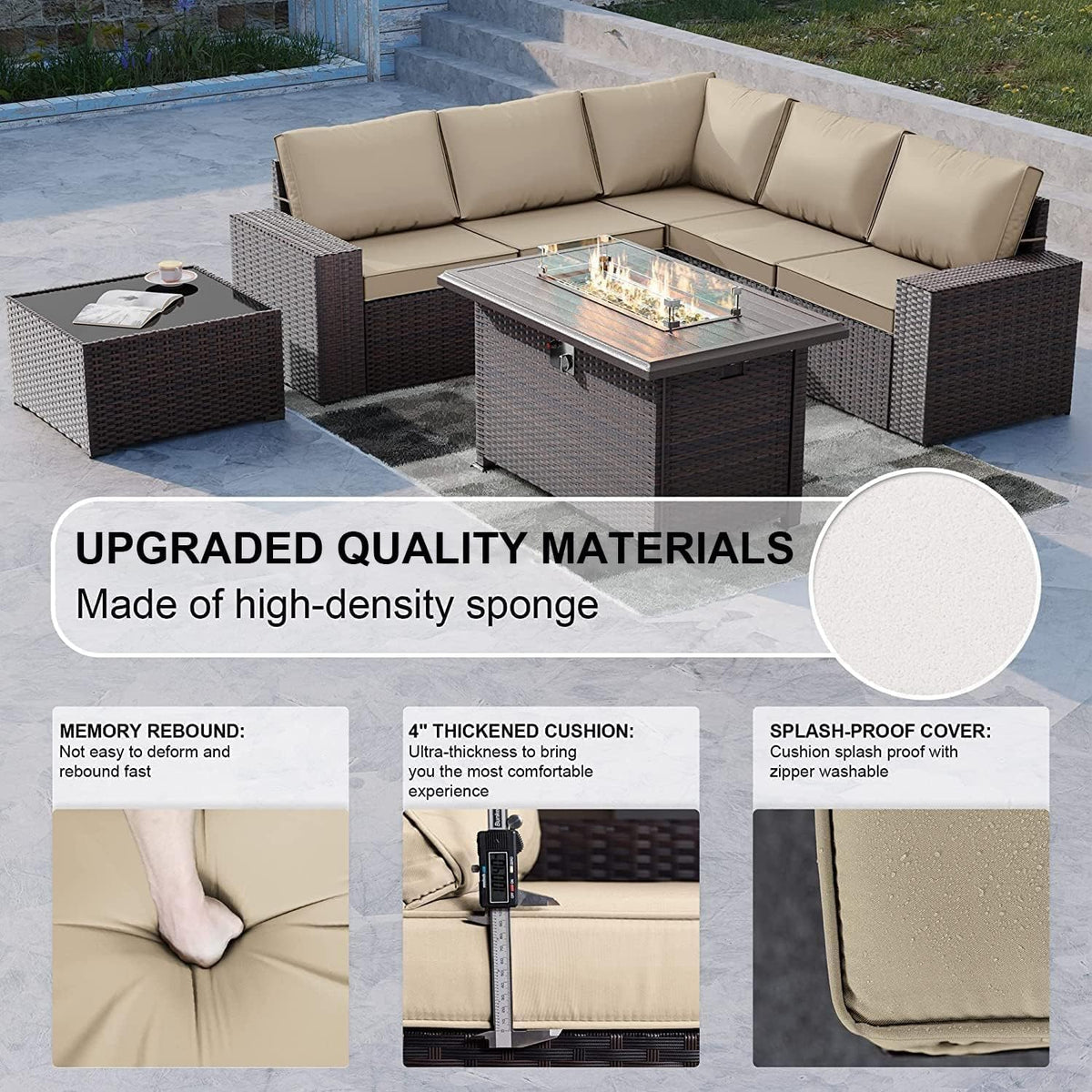 Kullavik 7 Piece Outdoor Wicker Patio Furniture Set with Fire Pit Table