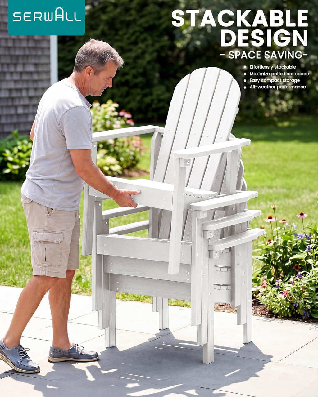 SERWALL HDPE Stackable Adirondack Chair,Space-Saving, White