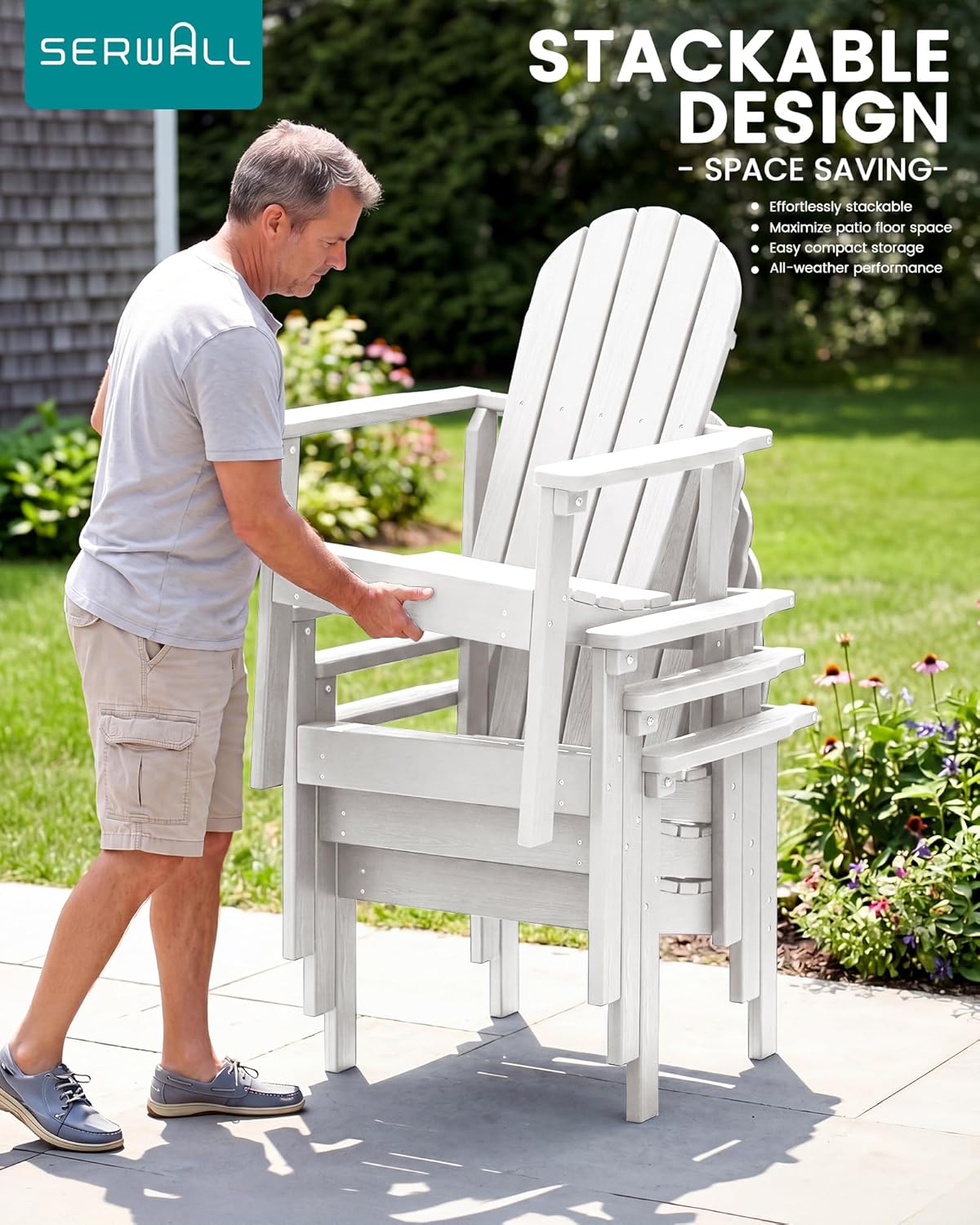 SERWALL HDPE Stackable Adirondack Chair,Space-Saving, White