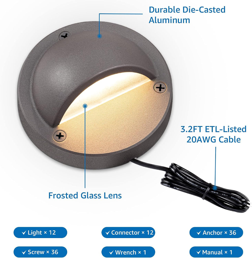 SUNVIE 5W 4" Low Voltage Deck Lights LED 3000K Brown Cast-Aluminum 12-Pack