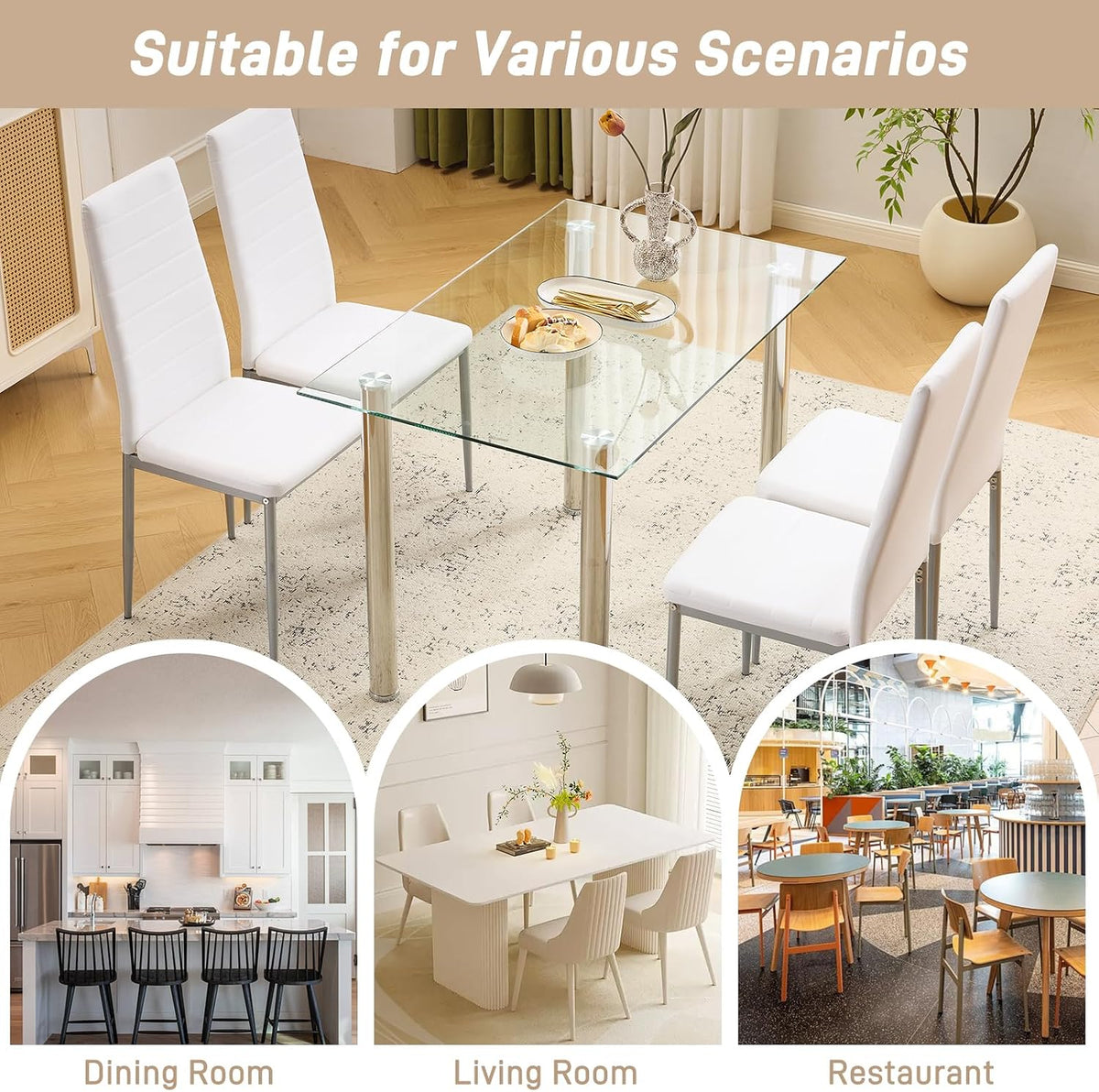 Karl home White Dining Chairs Set of 4, PU Leather & High Back