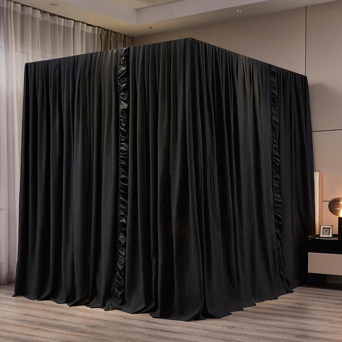 Mengersi Black Canopy Bed Curtains Queen Size,Royal Breathable Lightweight Private Space-Elegant Bed Curtains Bedroom Decoration Accessories for Adults