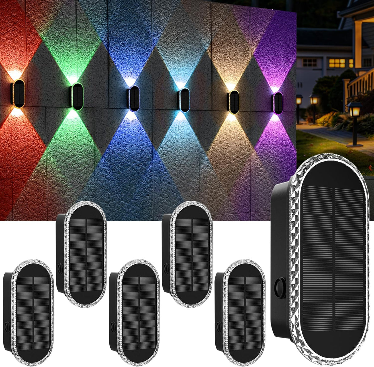 Solar Fence Lights Outdoor, Warm White & RGB 8 Modes Solar Wall Lights Outdoor Waterproof, Up&Down Dual-Head Outdoor Solar Lights for Yard House Fence Backyard Deck Garden Patio Porch, 6 PK