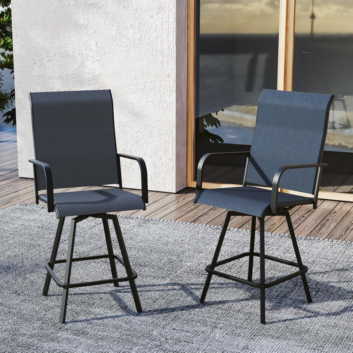 Outdoor Bar Stools Set of 2, Swivel Tall Patio Chairs, Navy