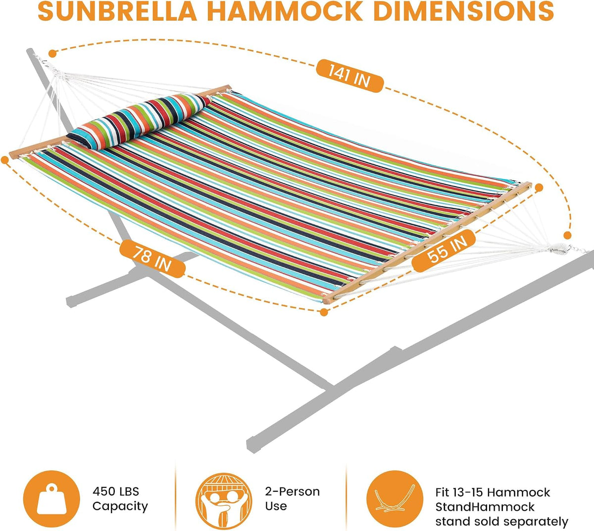 Lazy Daze 12 FT Sunbrella Fabric Hammock, Non-Fading Double Outdoor Hammock