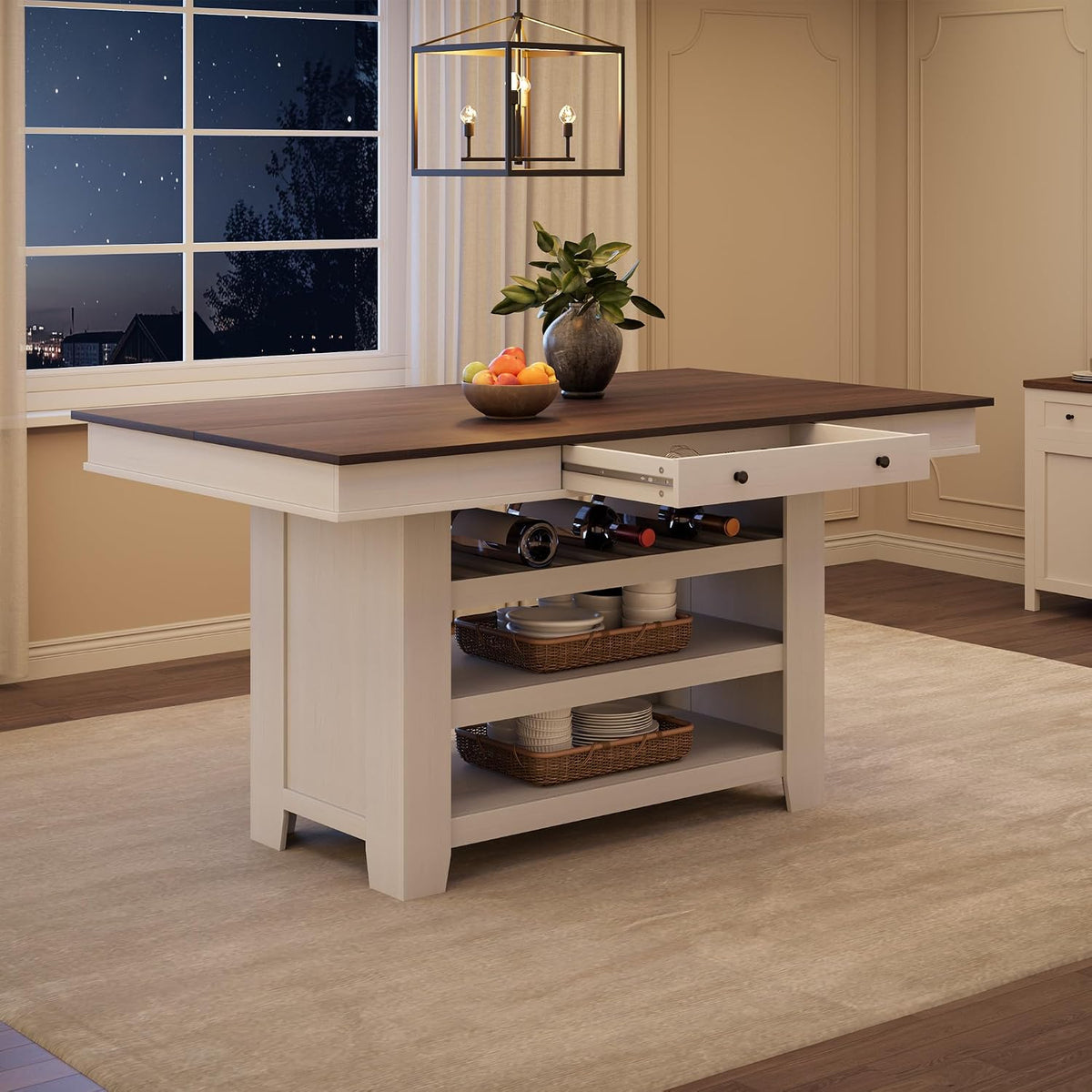 GAOMON 60" Counter Height Dining Table for 4-6, Farmhouse Rectangular Bar Height Kitchen Table & Thick Table Top, with Deepened Wine Rack & Shelves for Kitchen, Bar, Retro White & Brown