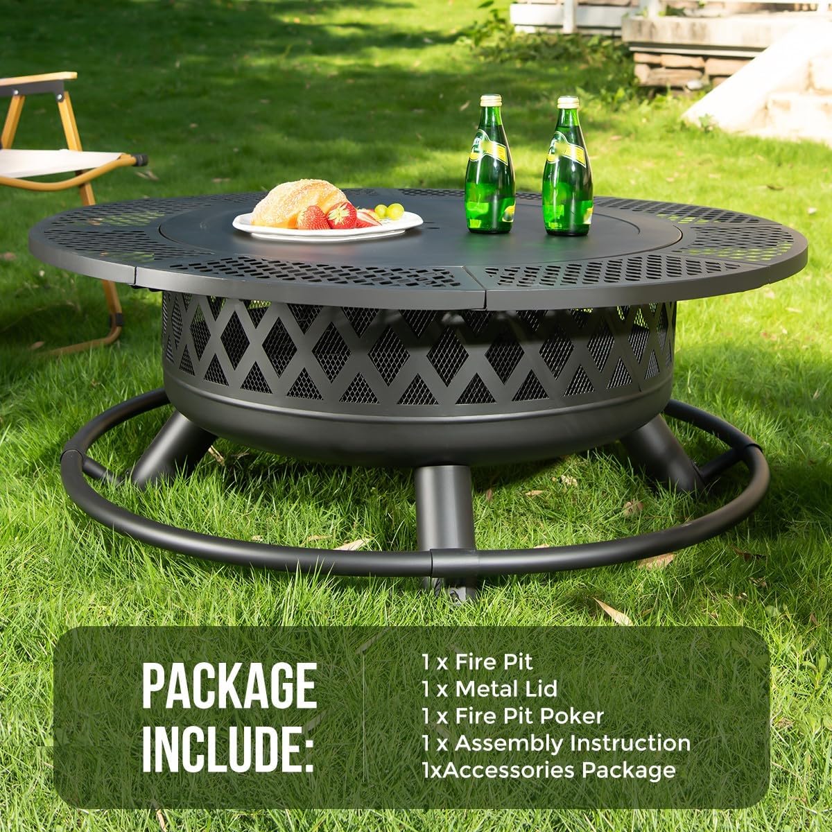 Panovue 42 Inch Outdoor Fire Pit with Grill Wood Burning 3-in-1 Firepit