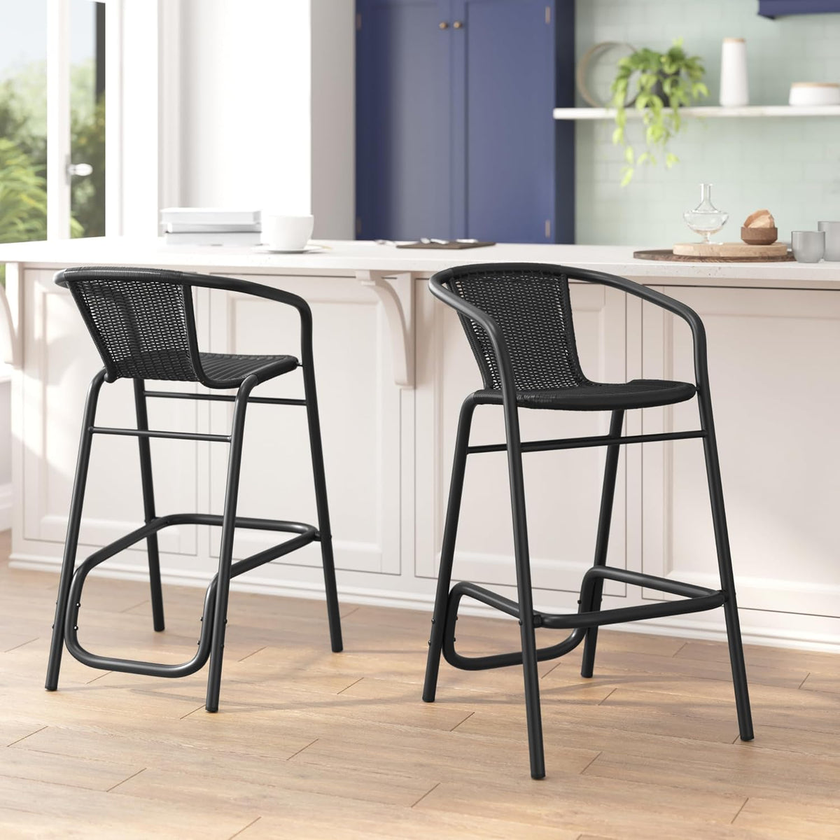 Flash Furniture PE Rattan Indoor/Outdoor Restaurant Barstool, Black, 2-Pack