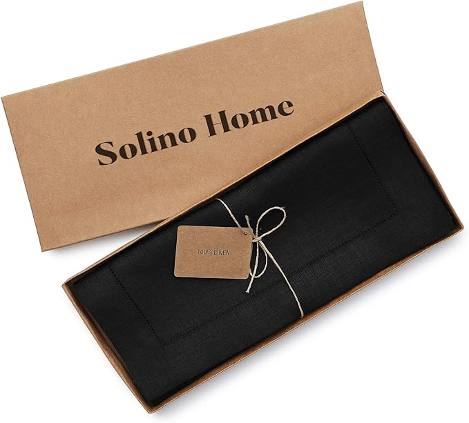 Solino Home Linen Black Table Runner 60 Inches - Classic Hemstitch, 100% Pure Linen Coffee Table Runner 14 x 60 Inch Ideal for Dresser Tables - Fall, Autumn, Halloween, Thanksgiving, Holiday