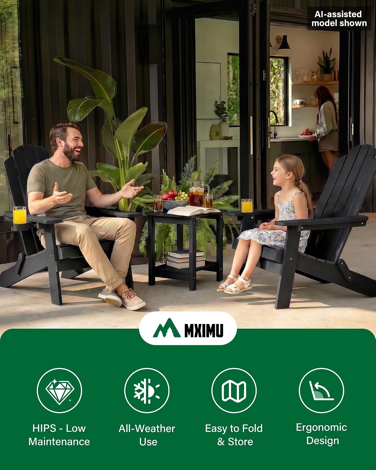 MXIMU Folding Adirondack Chairs Set of 6, Cup Holder, Black
