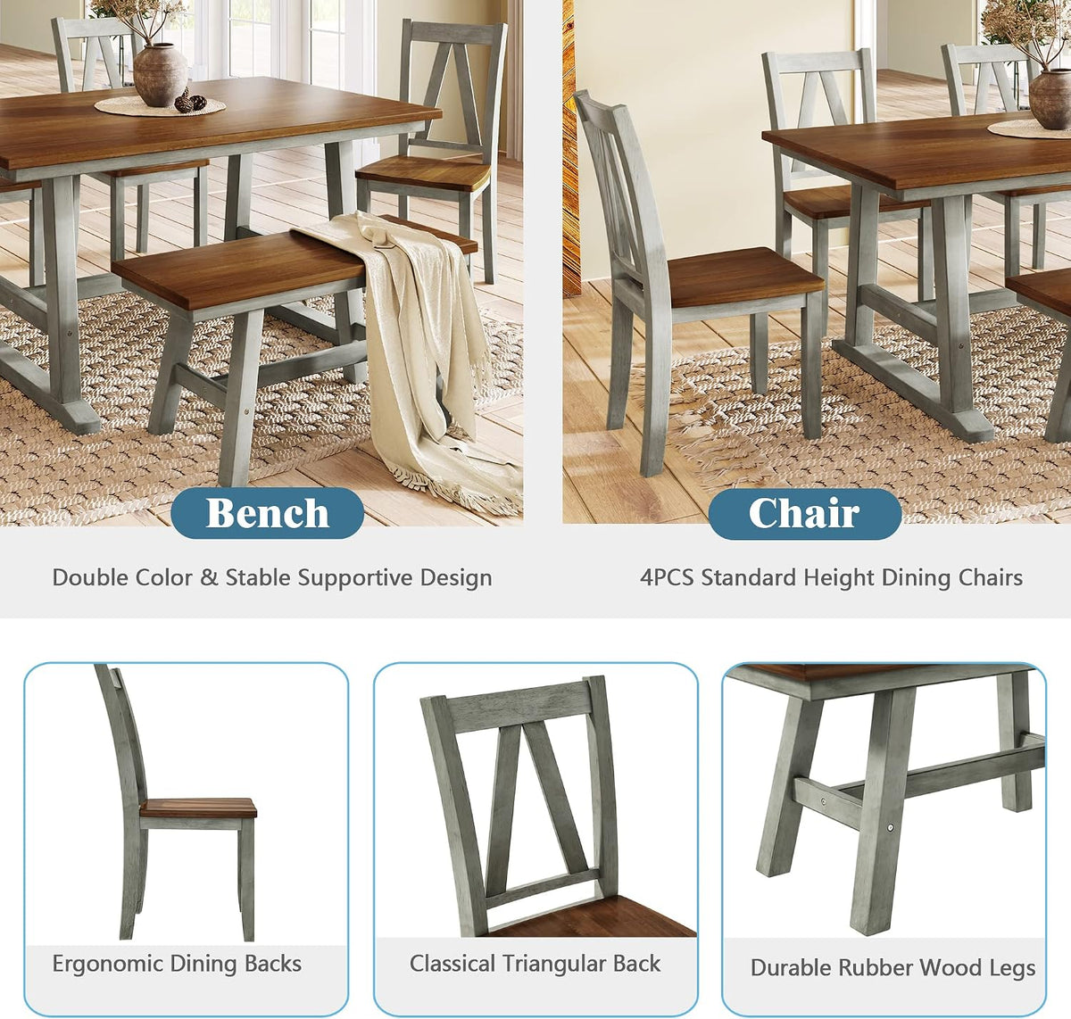 Harper & Bright Designs 6-Piece Dining Set, Farmhouse Style Wood Dining Table and 4 Dining Chairs & Long Bench, Kitchen Table Set, Walnut+Gray