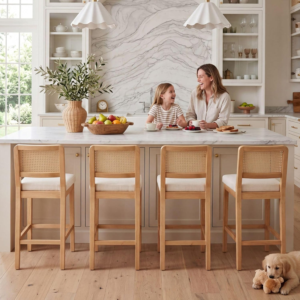 HNY Rattan Counter Bar Stools Set of 4, Farmhouse Bar Stools with Back and Wood Legs, Upholstered Mid Century Modern Fabric Barstools Breakfast Island Chairs for Kitchen Island - White/ 26"