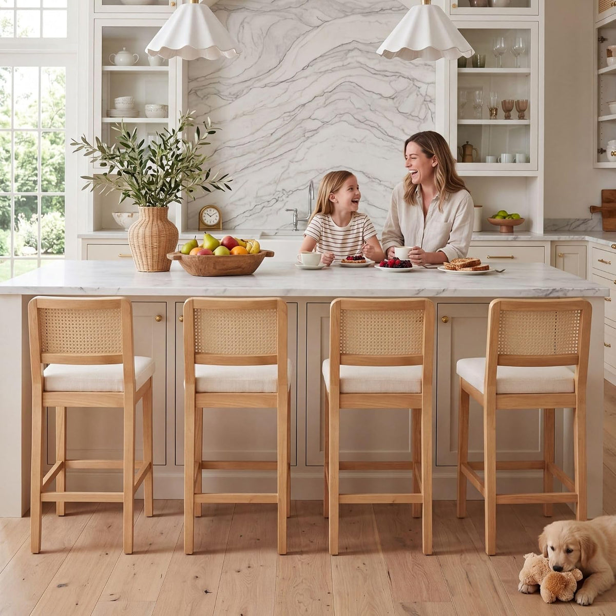 HNY Rattan Counter Bar Stools Set of 4, Farmhouse Bar Stools with Back and Wood Legs, Upholstered Mid Century Modern Fabric Barstools Breakfast Island Chairs for Kitchen Island - White/ 26"