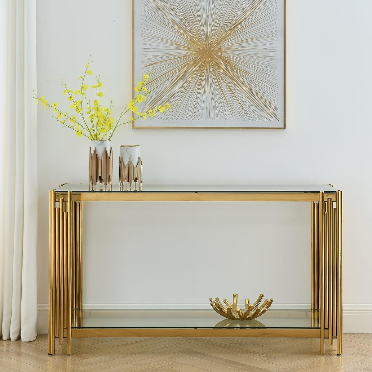 Modern Glass Console Table, 55" Gold Sofa Table with Sturdy Metal Frame and Clear Tempered Glass Top, for Living Room Entryway Bedroom, Gold Finish (Gold4)