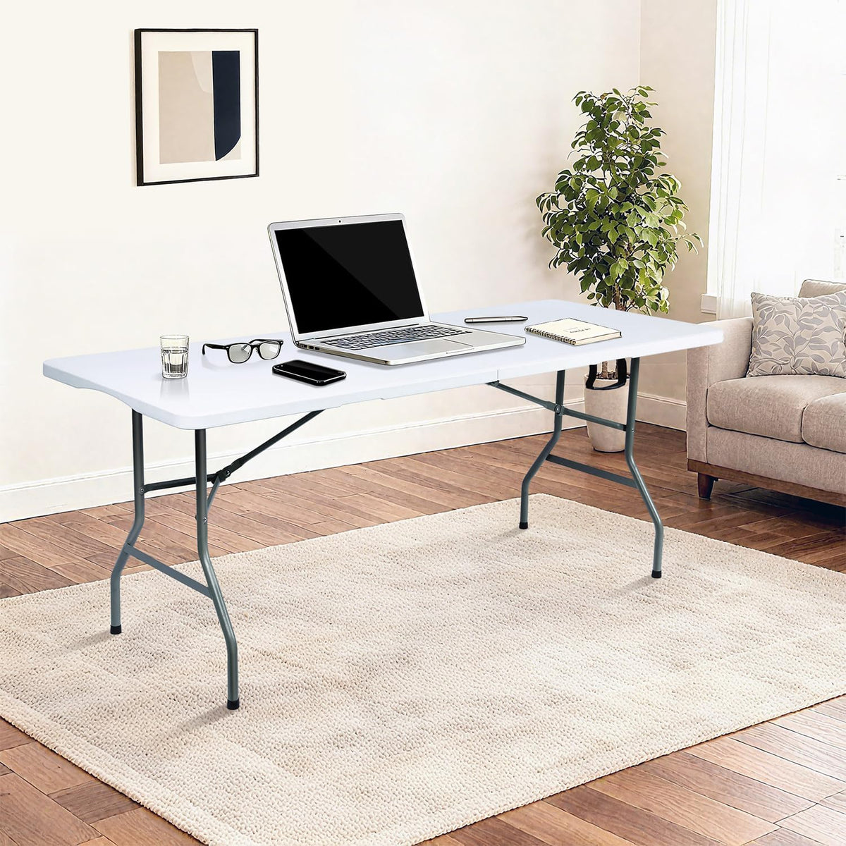 Folding Table 6ft Foldable Table with Built in Handle & Steel Legs / 6FT Heavy Duty Folding Portable,Perfect for Party, Dining Indoor/Outdoor Events, Tailgating & Backyard BBQ,White