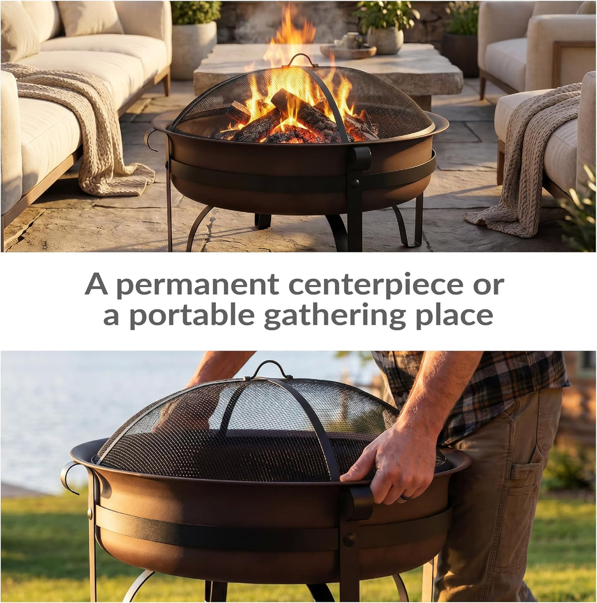 Sunnydaze Round Patio Fire Pit for Outside Wood Burning, Dark Bronze, 34"