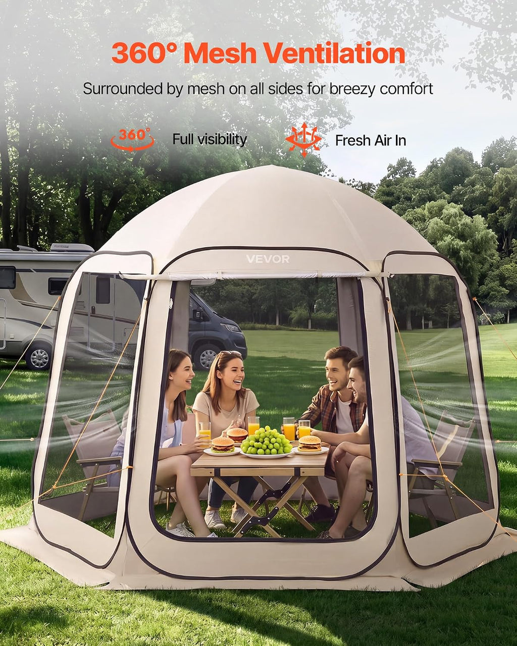 Pop Up Screen House Tent VEVOR 10 x 9.2 FT Pop-Up Screen Room with Awning, Portable Screen Tent Gazebo for 4–8 Person, Instant Screen Canopy with Carry Bag for Patio Backyard Camping
