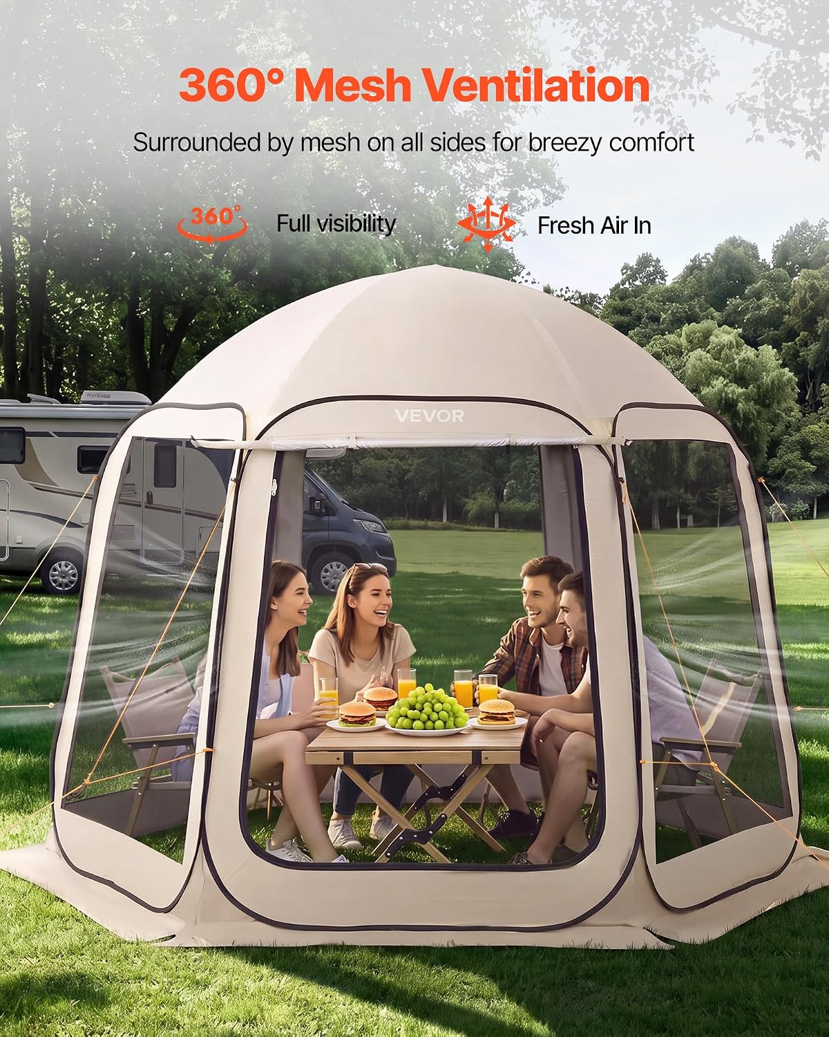 Pop Up Screen House Tent VEVOR 10 x 9.2 FT Pop-Up Screen Room with Awning, Portable Screen Tent Gazebo for 4–8 Person, Instant Screen Canopy with Carry Bag for Patio Backyard Camping