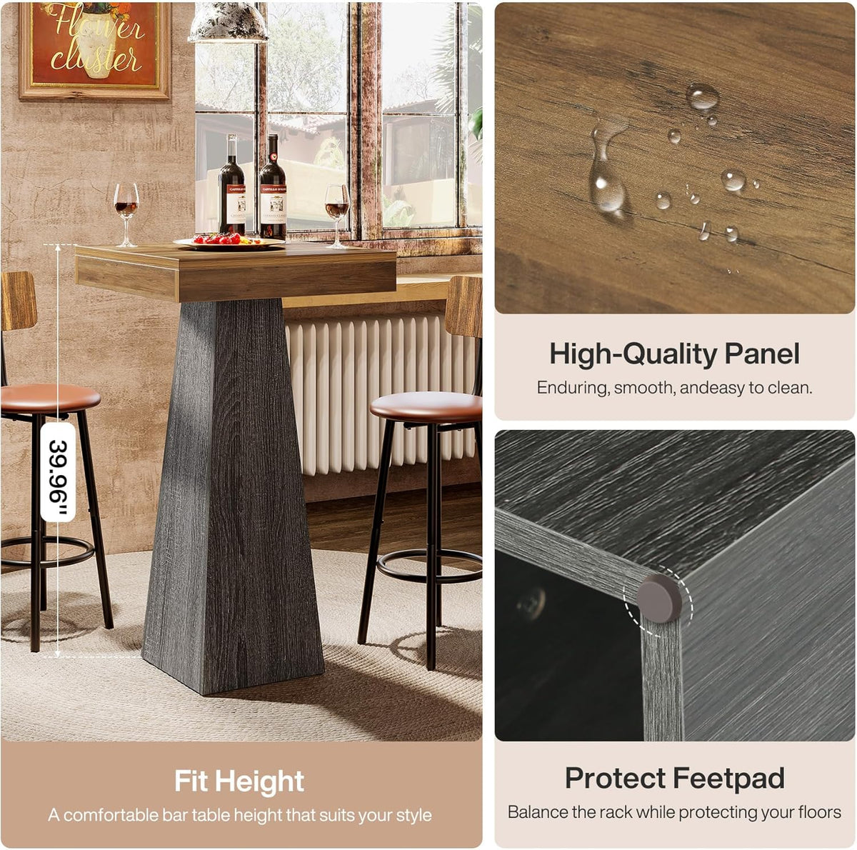 Tribesigns Bar Table, 39.96" High Pub Table for Small Space, Home Bar Small Square High Top Unit for Dining, Coffee, Cocktail, Living Room, Kitchen, Vintage Brown & Gray (Only Table)