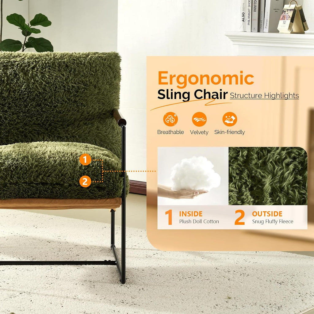 VINGLI 28" Wide Plush Upholstery Sling Modern Accent Chairs Set of 2, Cute Reading Armchair with Removable Seat Cushion & Tan Microfiber Seat Base, Lazy Chair for Bedroom & Lounge,Olive Green