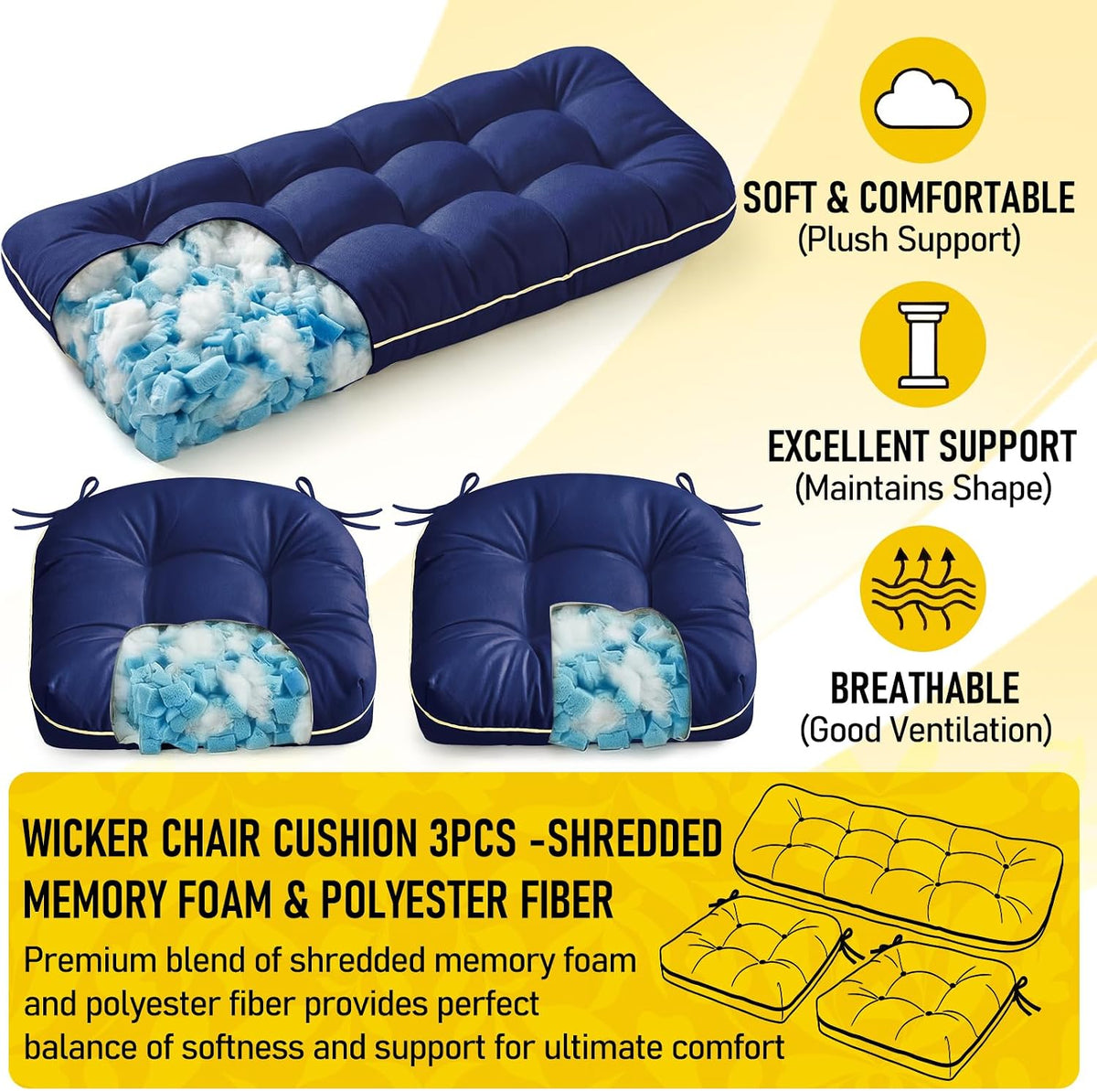 1 MIDDLE ONE Wicker Chair Cushions 3 Pieces Set for Outdoor Furniture, Replacement Patio Wicker Furniture Cushions, 1Pc Loveseat Cushion & 2Pcs Chair Cushions (Oxford-Blue)