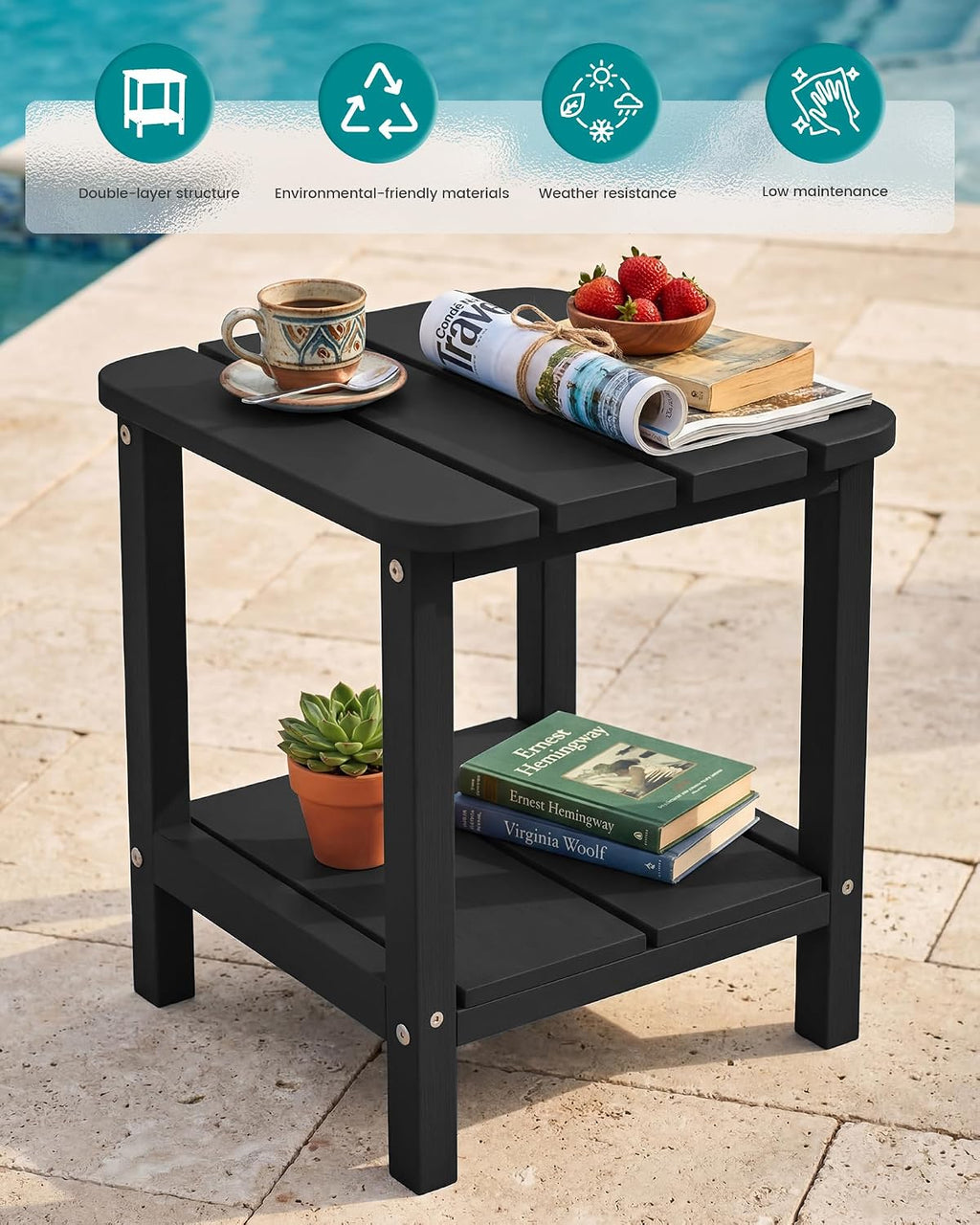 SERWALL Double Adirondack Side Set of 4, Table Rectangular End Table, Black
