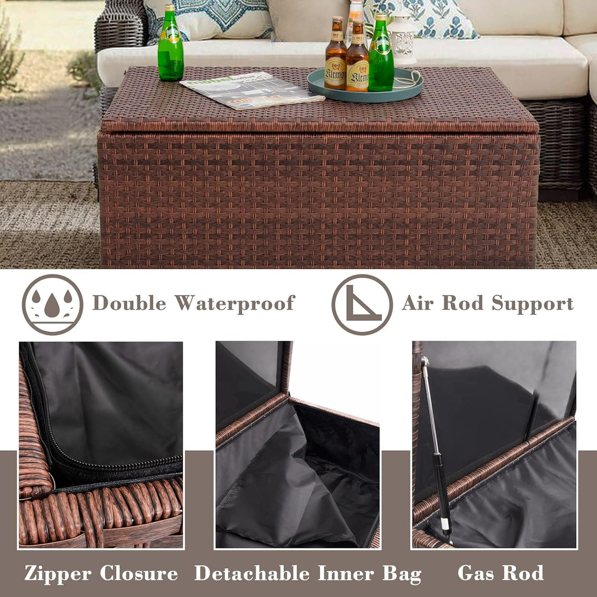 DIMAR GARDEN Outdoor Storage Coffee Table with Waterproof Cover,Patio Wicker Storage Table,42 Gallon Mixed Brown