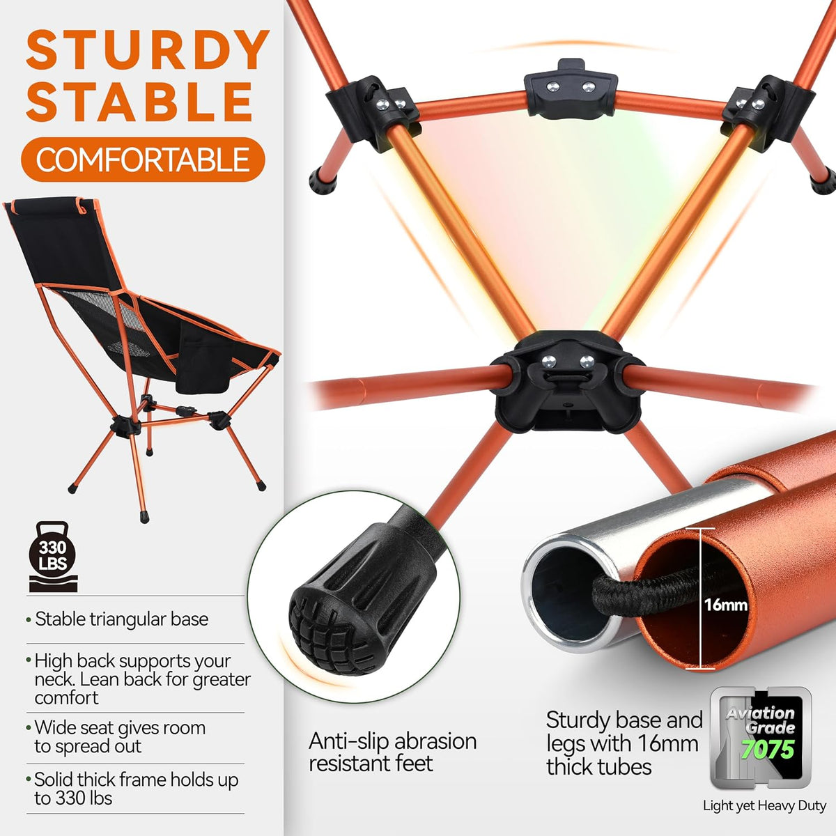 MARCHWAY Lightweight Folding High Back Camping Chair with Head Support, Stable Portable Compact for Outdoor Camp, Travel, Beach, Picnic, Festival, Hiking, Backpacking (Highback Orange)