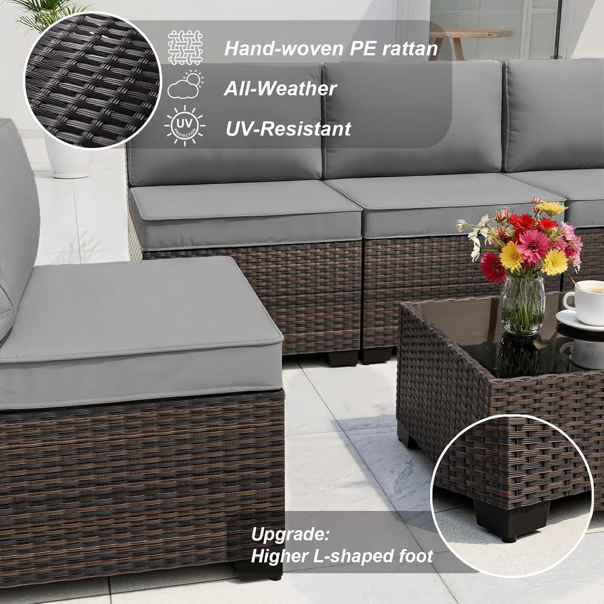 ALAULM Patio Furniture Set with Coffee Table, 9 Pieces Outdoor Sectional with Wide Seat and Thick Cushion, All Weather Wicker Rattan Conversation Set for Backyard, Garden, Deck, Grey