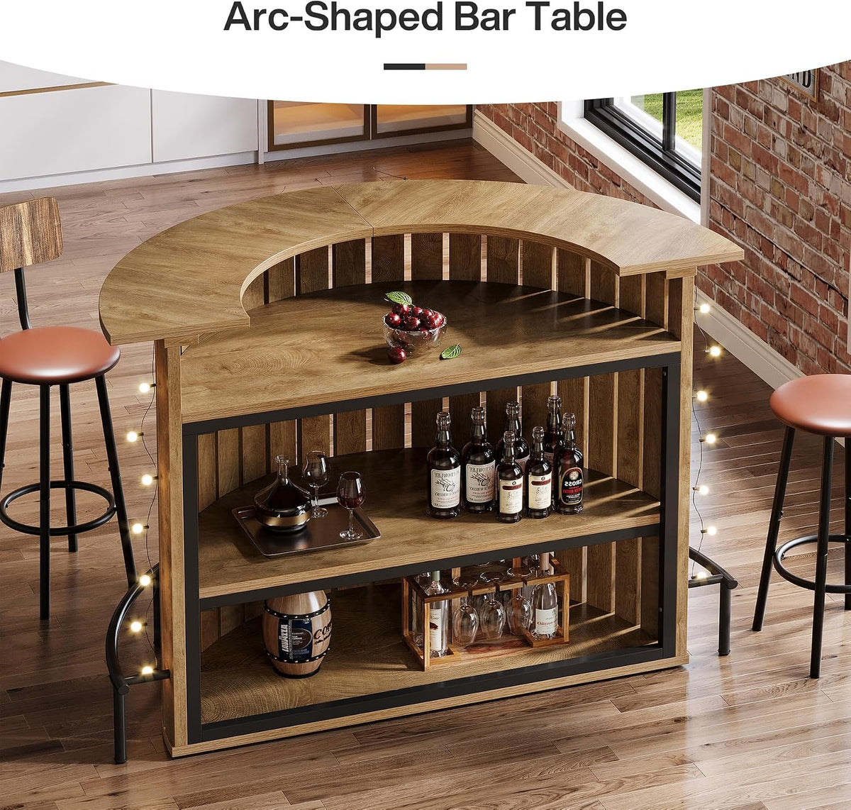 Tribesigns 4-Tier Bar Table, 47.24" Mini Home Bar Table with Footrest, Arc-Shaped Modern Bar Cabinet for Home, Living Room, Light Brown
