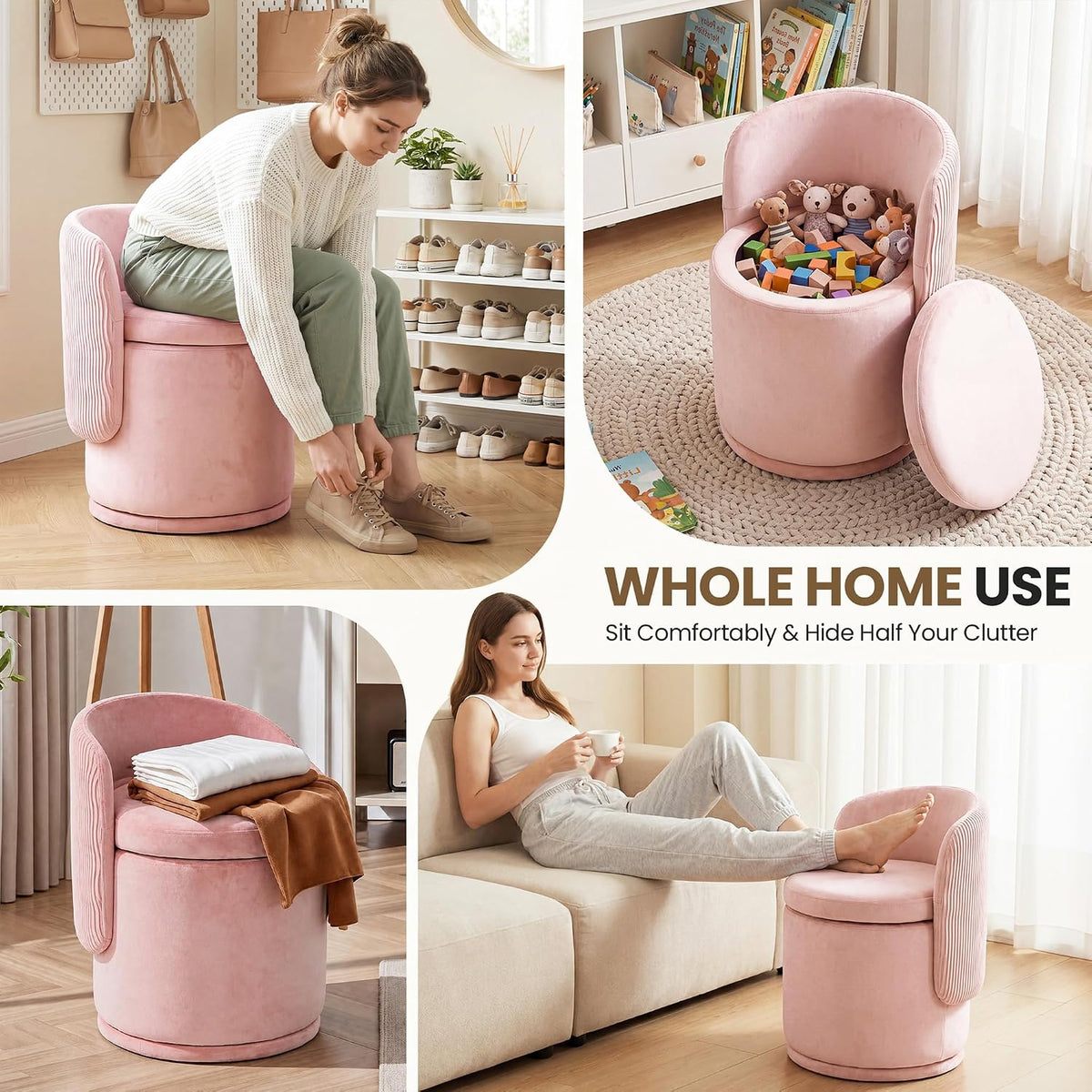 MALOL 360° Swivel Velvet Vanity Chair with Storage, Pink