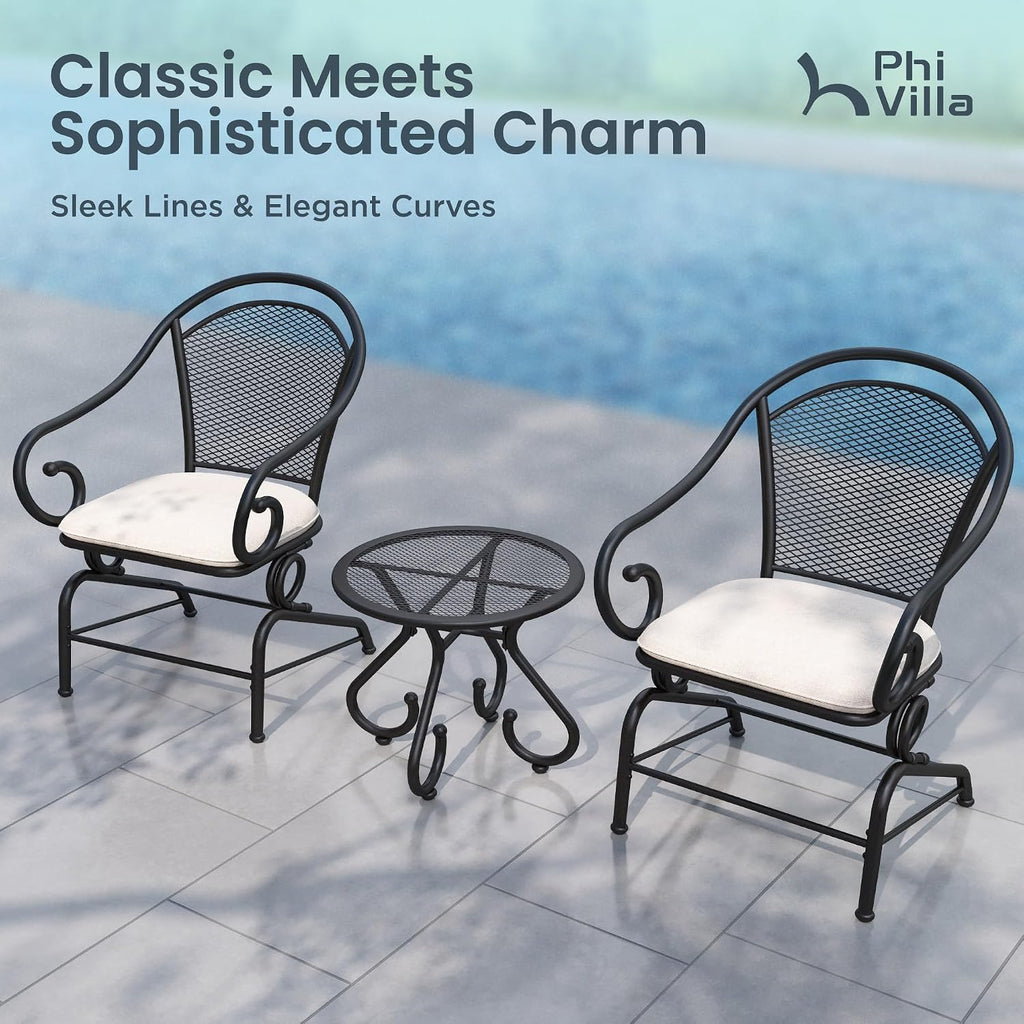 PHI VILLA 3pc Metal Mesh Outdoor Bistro Set, Rocking Chairs & Coffee Table