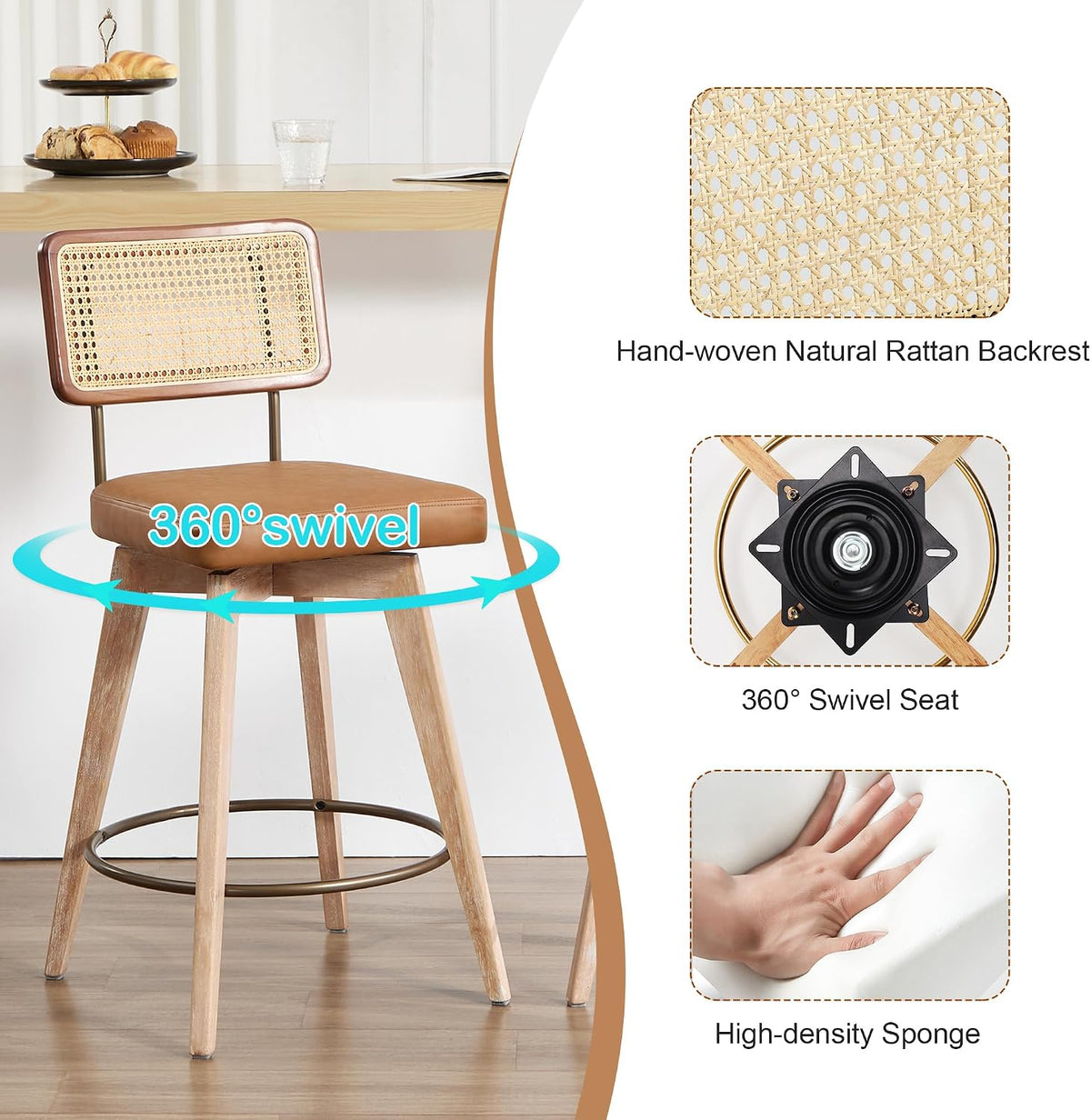 26" Swivel Boho Bar Stools Set of 2, Solid Wood, Rattan, Brown