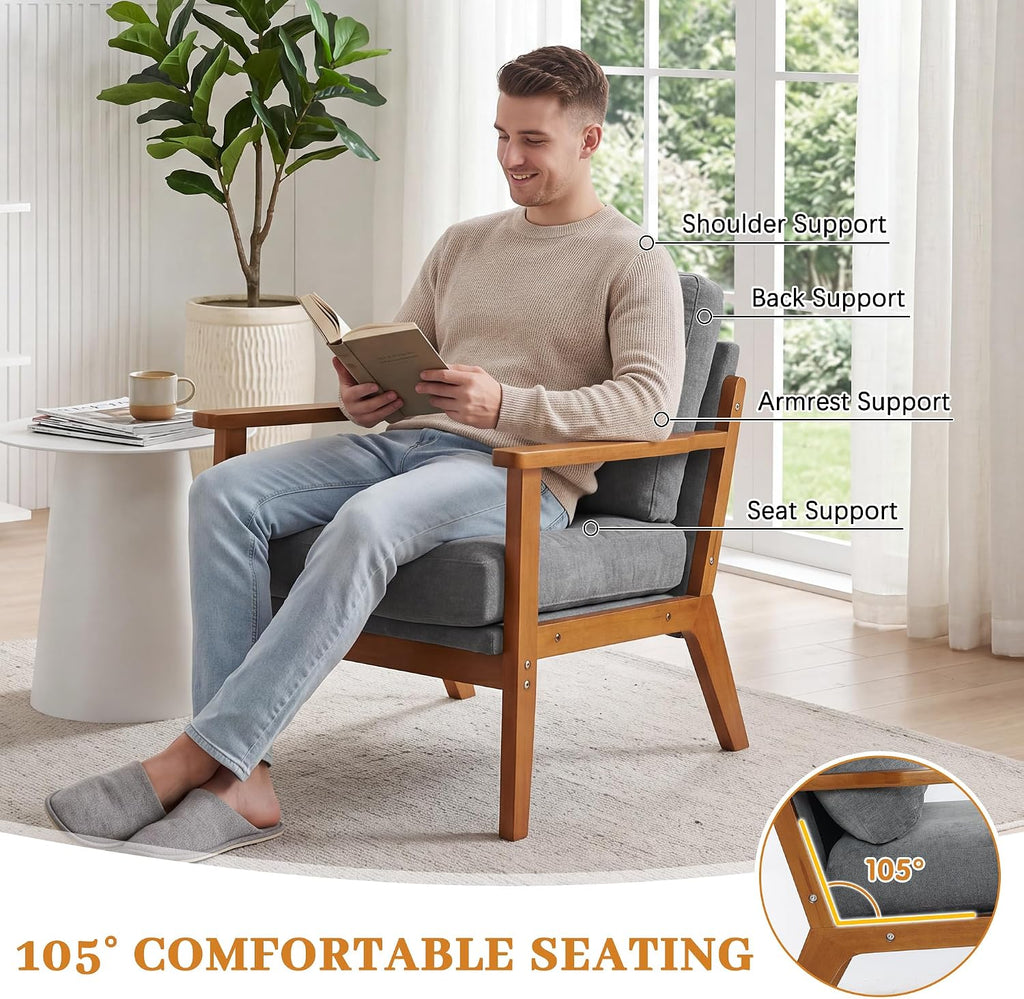 Mid-Century Modern Chenille Armchair, Walnut Frame Comfy Accent Chair, Grey