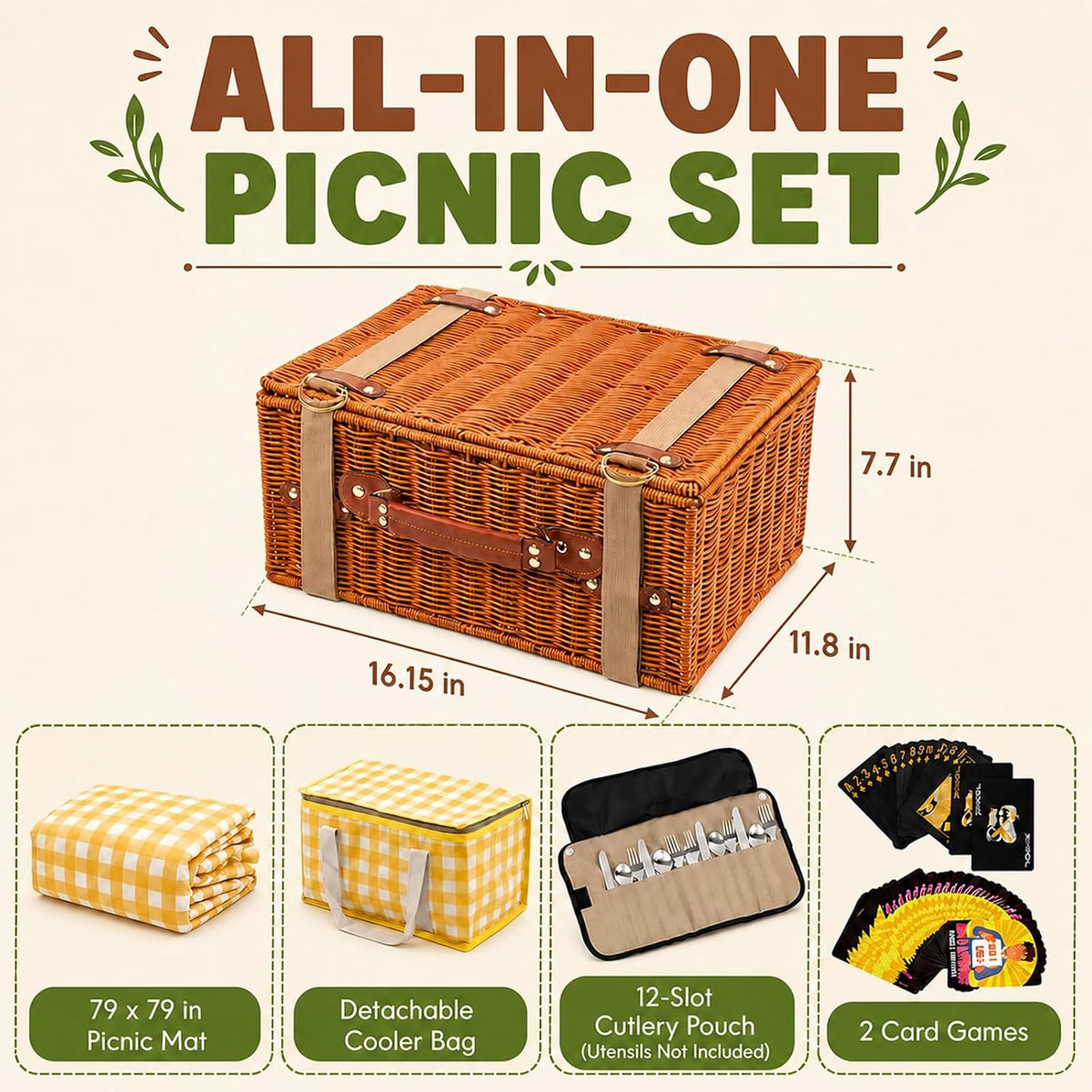 Picnic Basket with Insulated Cooler Bag & 79" Large Picnic Blanket