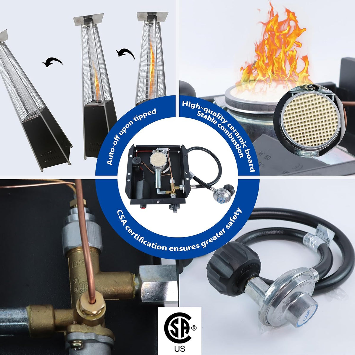 7 Bolt patio heater glass tube burner module replacement part 47000 BTU (including hose and regulating valve assembly kit）, suitable for square glass tube patio heaters, compatible with 3/4/7bolt