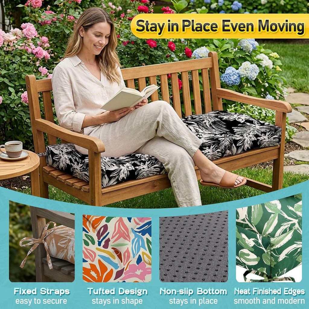 Outdoor Bench Cushion, Tufted Patio Seat Pad for Garden Bench, Porch Swing, Indoor/Outoor Furniture (Black White Leaf, 48X18X4 inch)