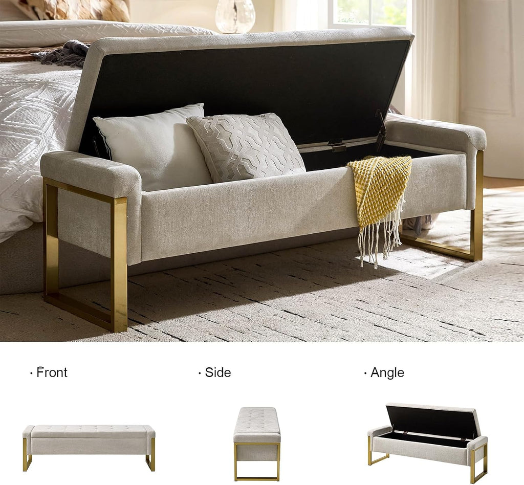 EcoHarbor Living Modern Storage Ottoman Bedroom Bench, End of Bed Bench with Gold Metal Legs, Upholstered Footrest Stool for Living, Dining Room, Entryway and Hallway(Beige 55inch)