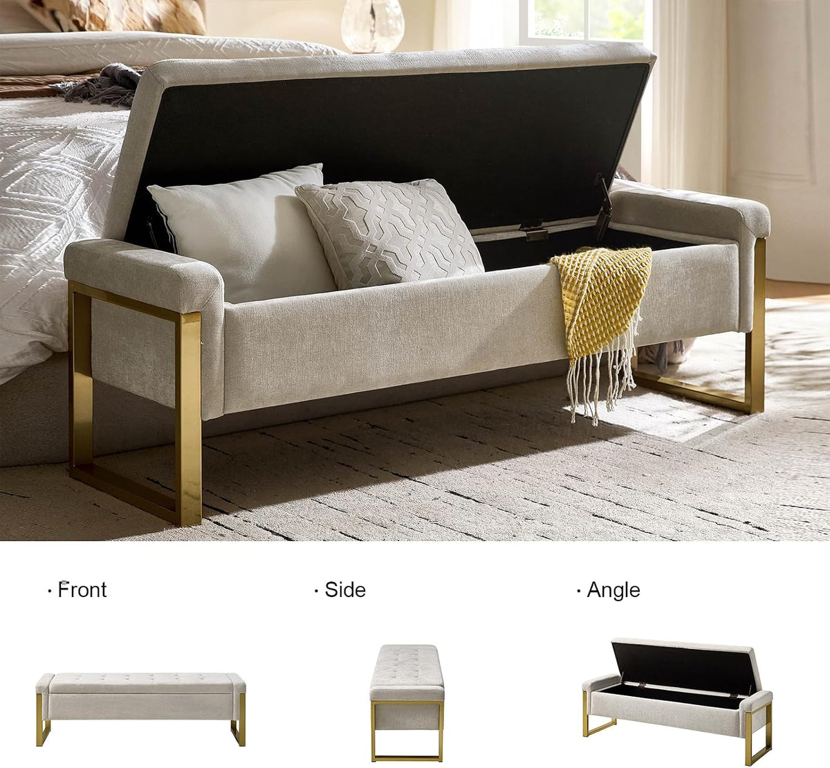 EcoHarbor Living Modern Storage Ottoman Bedroom Bench, End of Bed Bench with Gold Metal Legs, Upholstered Footrest Stool for Living, Dining Room, Entryway and Hallway(Beige 55inch)