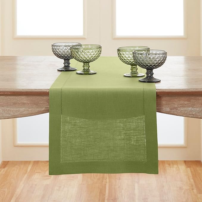 Solino Home Linen Moss Green Hemstitch Table Runner 60 Inches - 100% Pure Linen Small Table Runner 14 x 60 Inch Ideal for Dresser and Coffee Tables - Classic Hemstitch - Fall, Halloween, Thanksgiving
