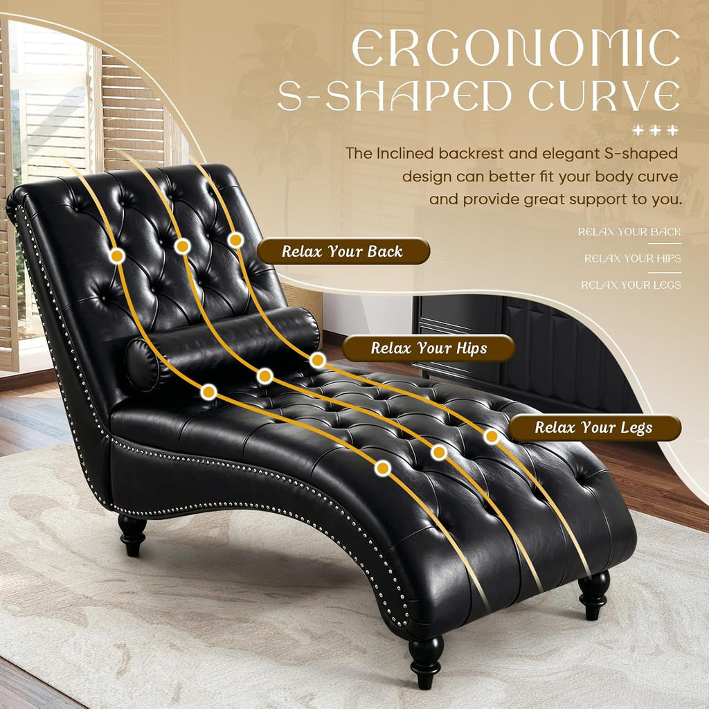 Faux Leather Chaise Lounge Indoor with Toss Pillow, Modern Chaise Lounge Chair, Upholstered PU Armless Ergonomic Chairs with Tufted Buttons and Nail Heads for Living Room, Bedroom Furniture, Black