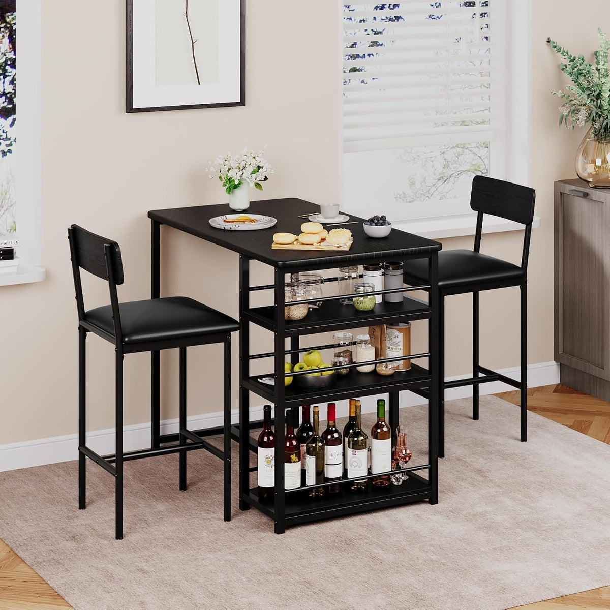 bar table and chair set with 3 shelves showing dimensions
