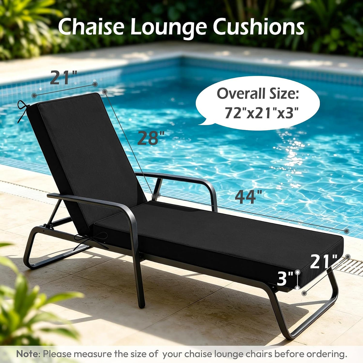 Chaise Lounge Cushions Outdoor, 72"x21"x3", Black