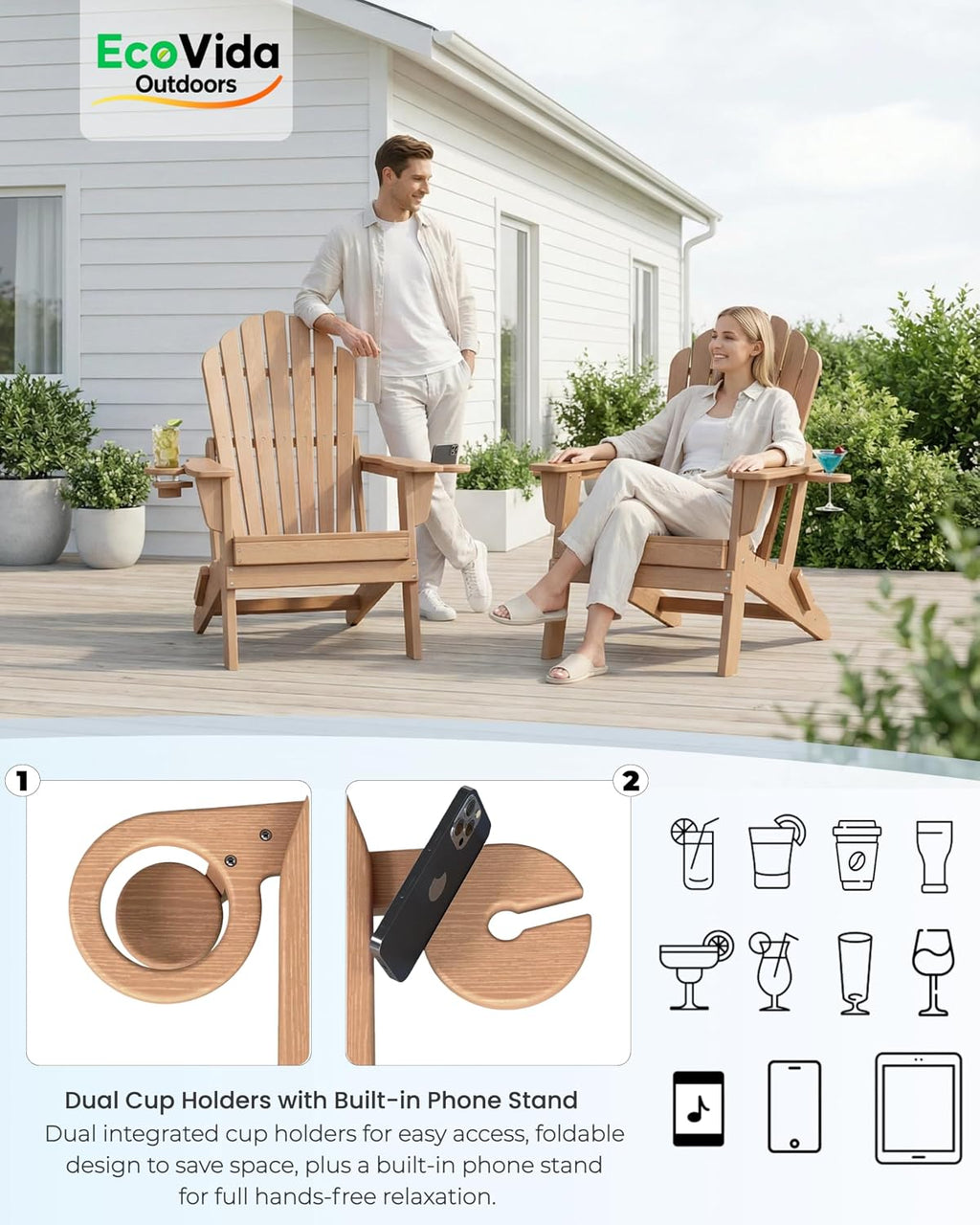 HDPE Folding Adirondack Chair with Dual Cup Holders, Cedar