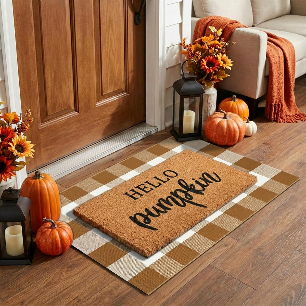 Fall Decor Door Mat Combo Set, 100% Coco Coir Welcome Mat + 28 x 43 Inches Coffee and White Plaid Rug - Fall Thanksgiving Front Porch Entryway Floor Doormat, Indoor Outdoors Autumn Mats Hello Pumpkin