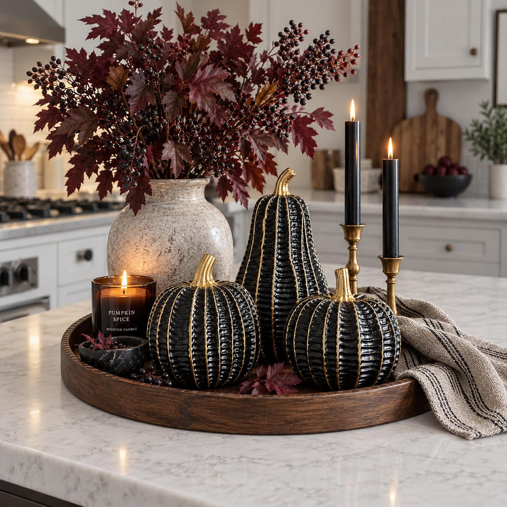 Parsin 3 Pcs Black & Gold Resin Pumpkin Decorations for Fall and Halloween