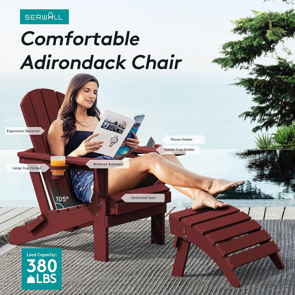 SERWALL Outdoor Adirondack Chairs with 2 Cup Holders,Foldable,Red