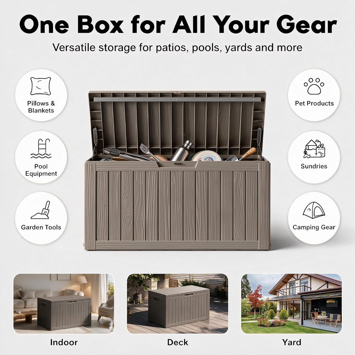 91 Gal Deck Box,Waterproof Resin Outdoor Storage Gas Lift,Lockable Grey