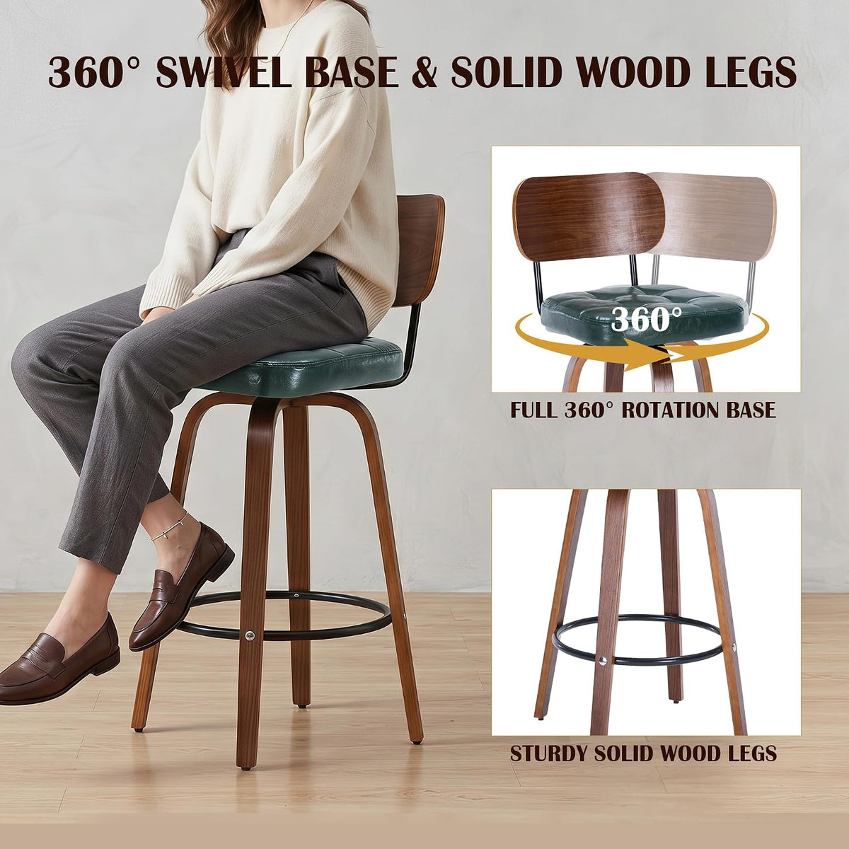 KEEZY Bar Stools Set of 2, 30''Counter Height Barstools with Backrest, Wax Leather Upholstered Bar Chairs, Walnut Bentwood Legs Footrest, Barstools for Home Bar Cafe Pub（Green）